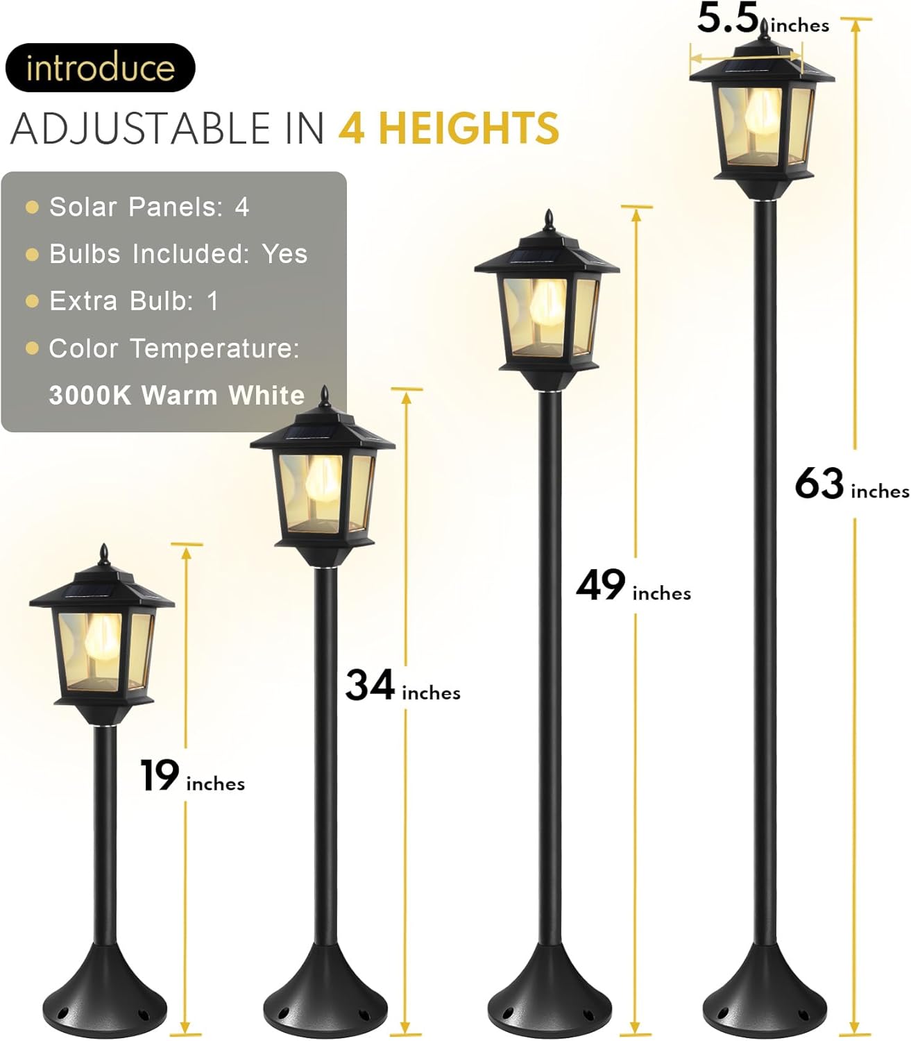 PASAMIC 63" Solar Lamp Post 2Pack, Outdoor Lights Waterproof, Pole Lights Outdoor, Floor Lamp for Patio, Warm White, Replaceable Bulb - Image 7