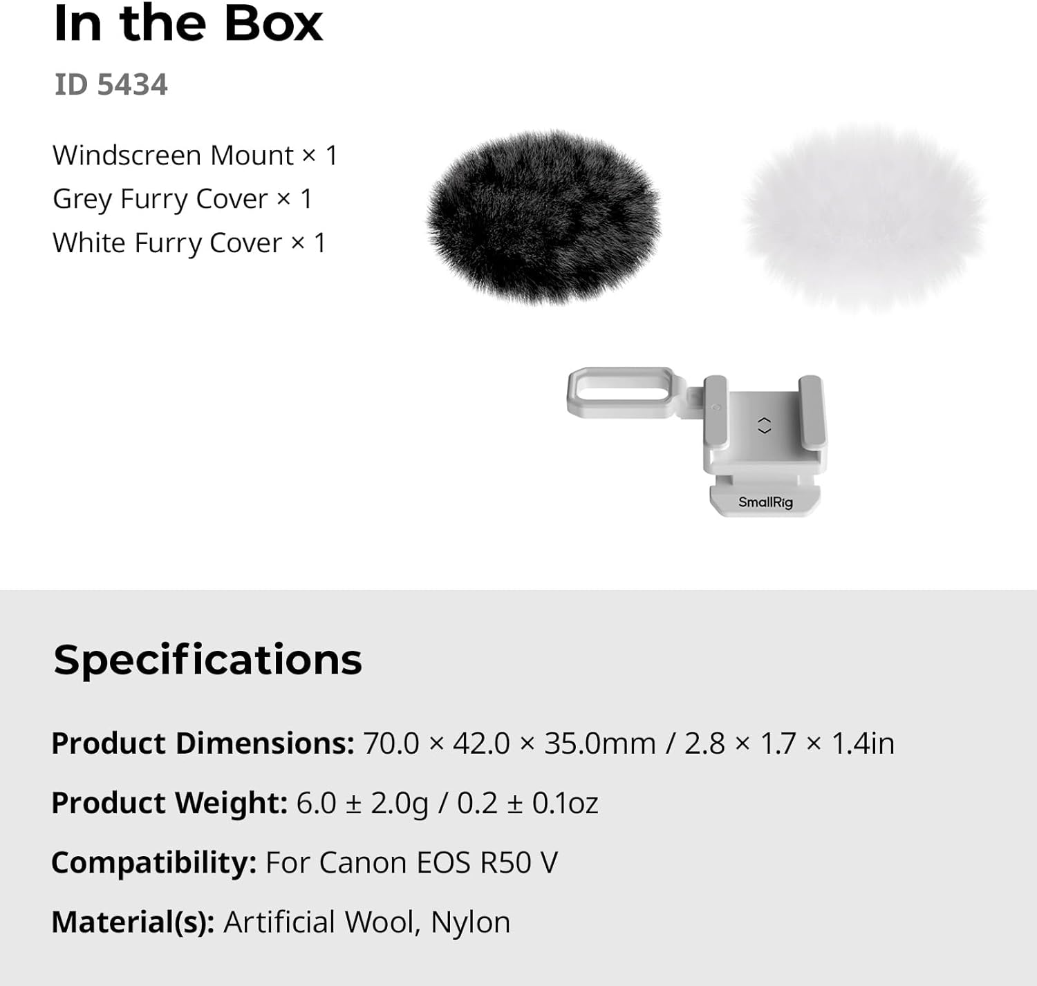 SmallRig Furry Windscreen Kit (2pcs) for Canon EOS R50 V Camera, Cold Shoe Adapter with Wind Muff, Noise-Reduction, Includes Gray and White, for Light Microphone Attachment - 5434 - Image 9
