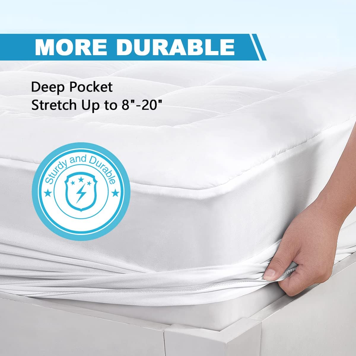Queen Mattress Pad Cover Cooling Mattress Topper Pillow Top with Down Alternative Fill (8-21” Fitted Deep Pocket Queen Size) White - Image 5