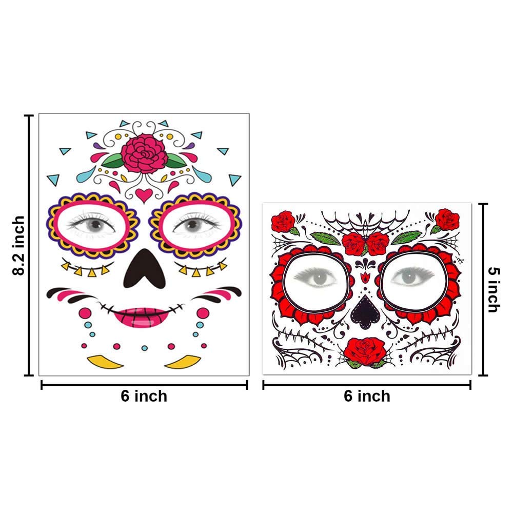 Temporary Face Tattoo, 8 Kits Tattoos Sugar Skull Stickers Day of The Dead Makeup, Face Tattoo Rose Design for Halloween, Masquerade and Parties - Image 3