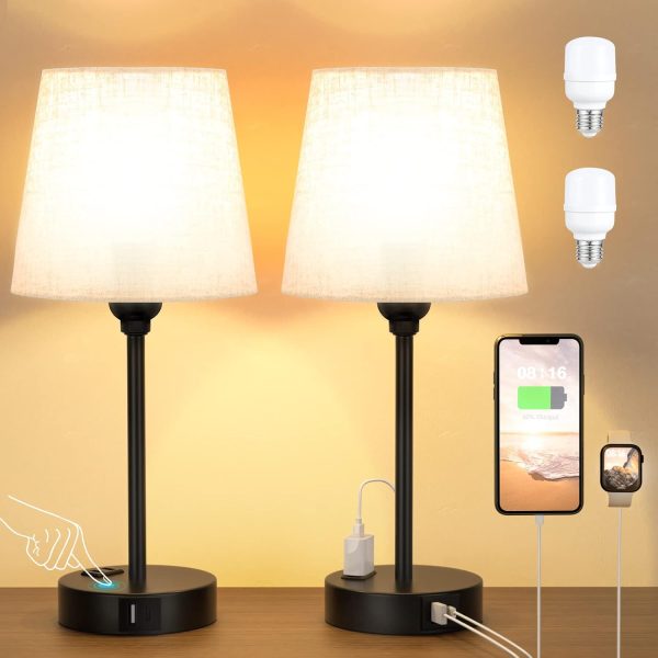 Mini Bedside Lamps for Bedrooms Set of 2 - Nightstand Bedroom Lamps with USB C Port and AC Outlet Charging, Dimmable Touch Small Bed Side Table Lamp, Black Night Stand Light for Kids/Guest Room