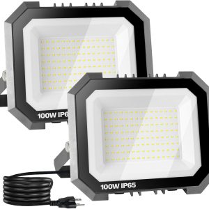 2 Pack LED Flood Lights Outdoor, 100W 10000LM Super Bright Floodlight Outside Work Light with 5.9FT Plug, IP65 Waterproof 6000K Outdoor LED Flood Light for Garage, Yard, Lawn, Garden