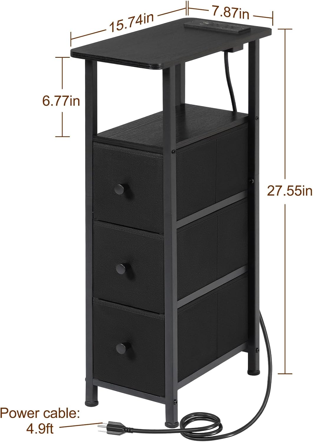 Narrow End Tables Living Room Set of 2 with Charging Station, Skinny Side Table with Fabric Drawers, Slim Nightstand for Bedroom, Small Spaces, Couch, Black, HETNDP03BK - Image 3