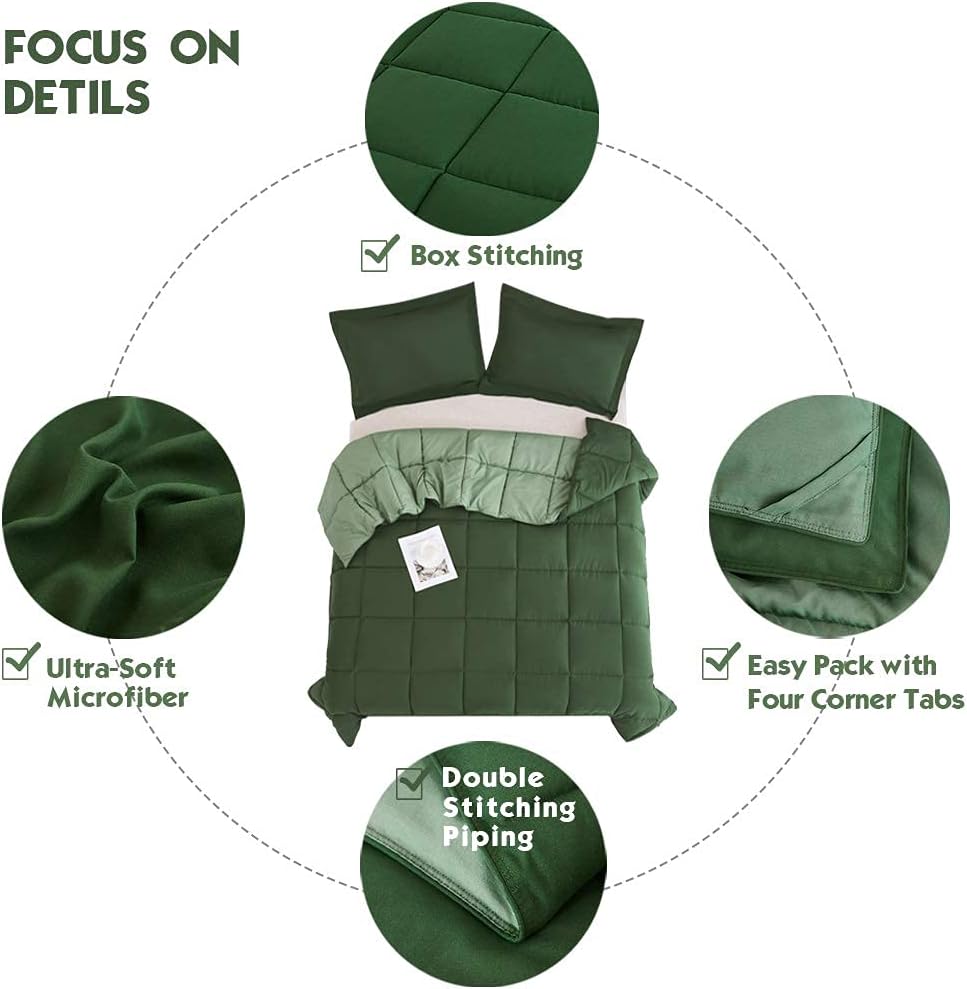 HIG 3pc Green Queen Size Comforter Set - All Season Reversible Down Alternative Bedding Comforter Set - Quilted Duvet Insert with Corner Tabs - Box Stitched Blanket - Breathable, Soft, Fluffy - Image 7