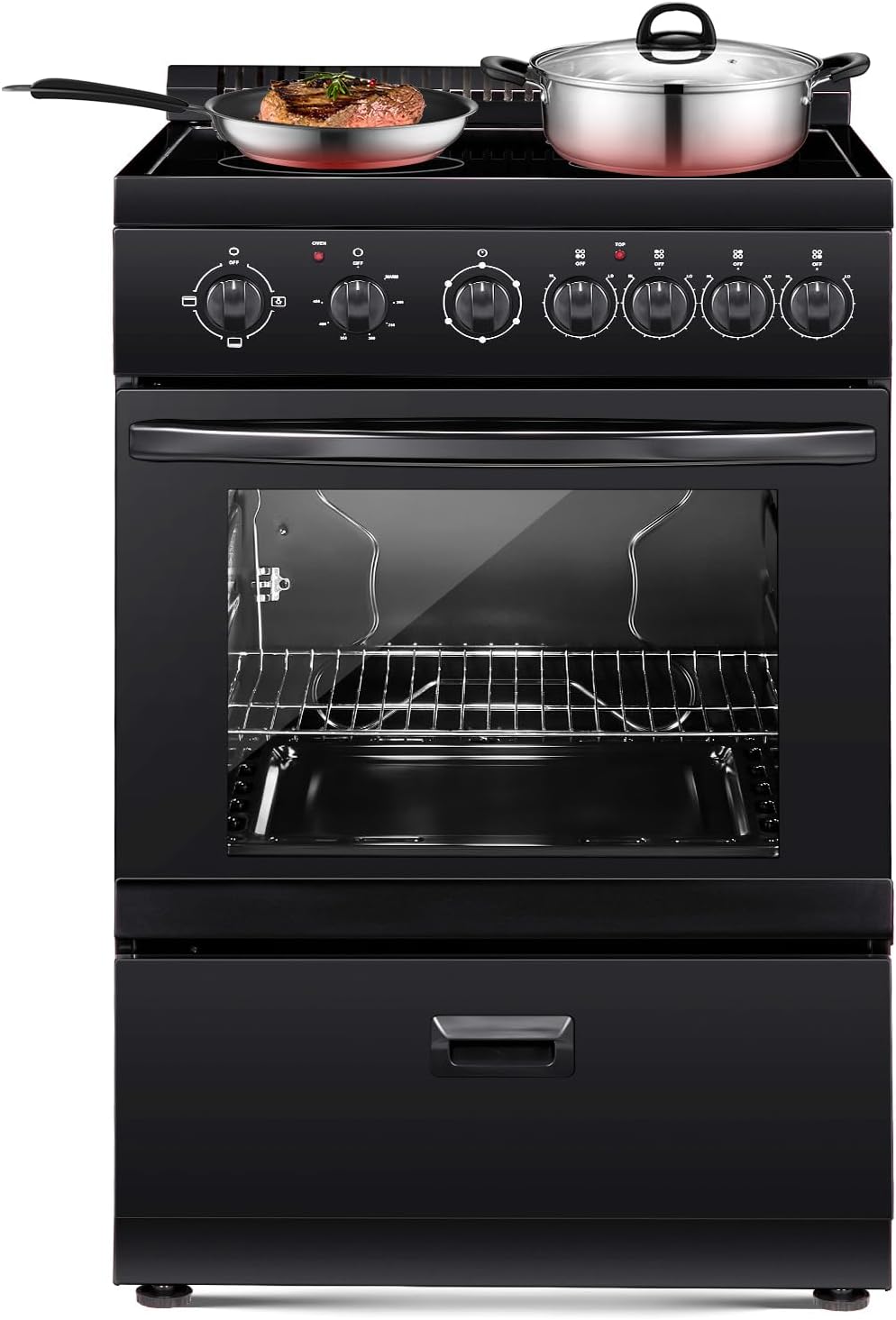VEVOR 24in Electric Range Oven, 2.7Cu. Ft. Capacity Compact Freestanding Oven, Stainless Steel Kitchen Stove, with 4 Burners, Easy Reach Racks, Storage Drawer, Drip Pan, Indicator Light(No Power Cord)