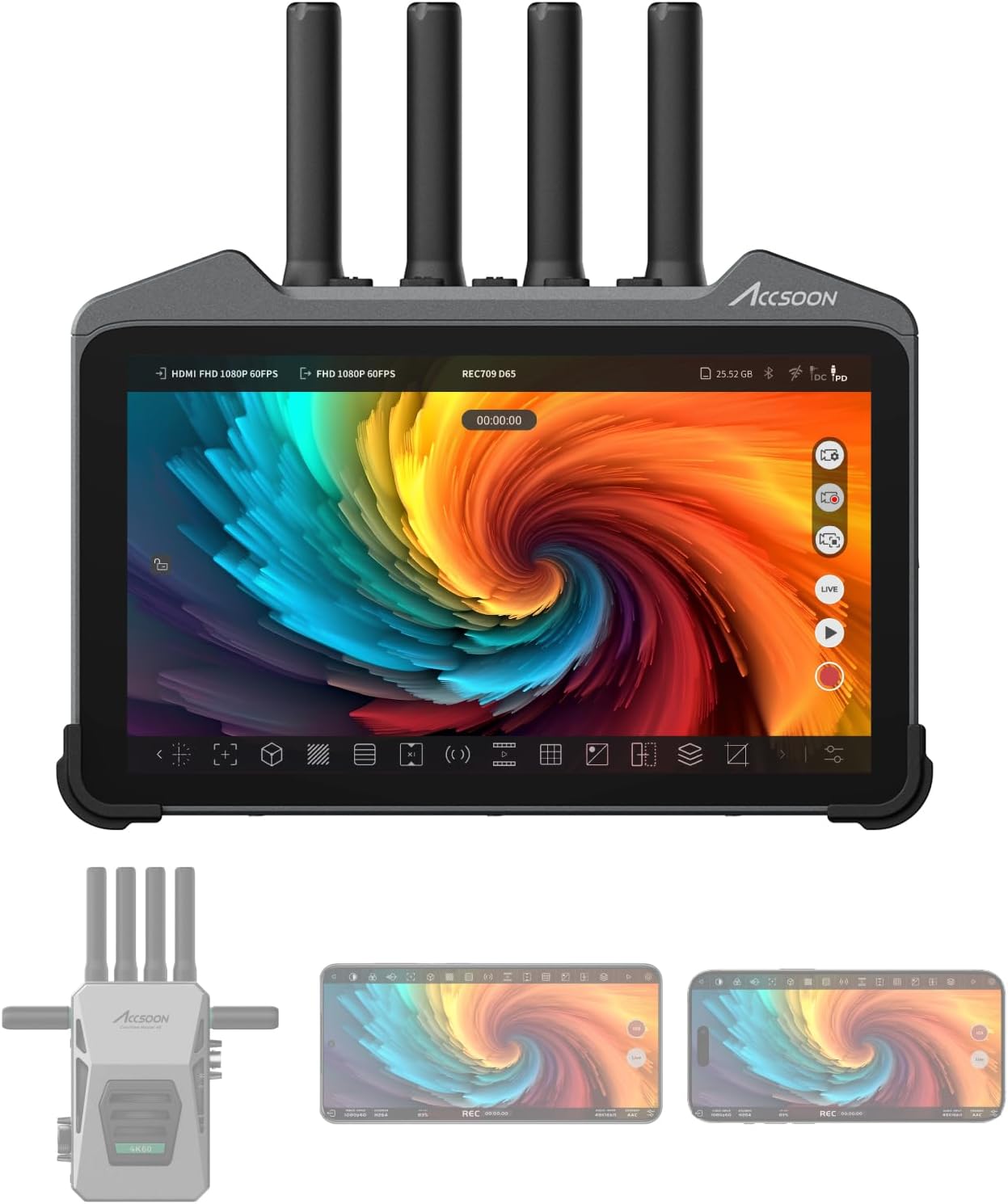Accsoon CineView M7 Pro 4K60 Wireless Video Transmitter&Receiver&7 Inch Camera Monitor with 3D LUT, Dual-Band SDI HDMI 1200ft Range 25ms Lat., 10 App Monitoring, Pair CineView Master 4K TX&RX/HE/SE TX