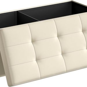 SONGMICS MAZIE Collection - 43 Inches Folding Storage Ottoman Bench, Ottoman Foot Rest, End of Bed Bench, Storage Chest, Load 660 lb, for Living Room, Bedroom, Entryway, Cream White ULSF77BE
