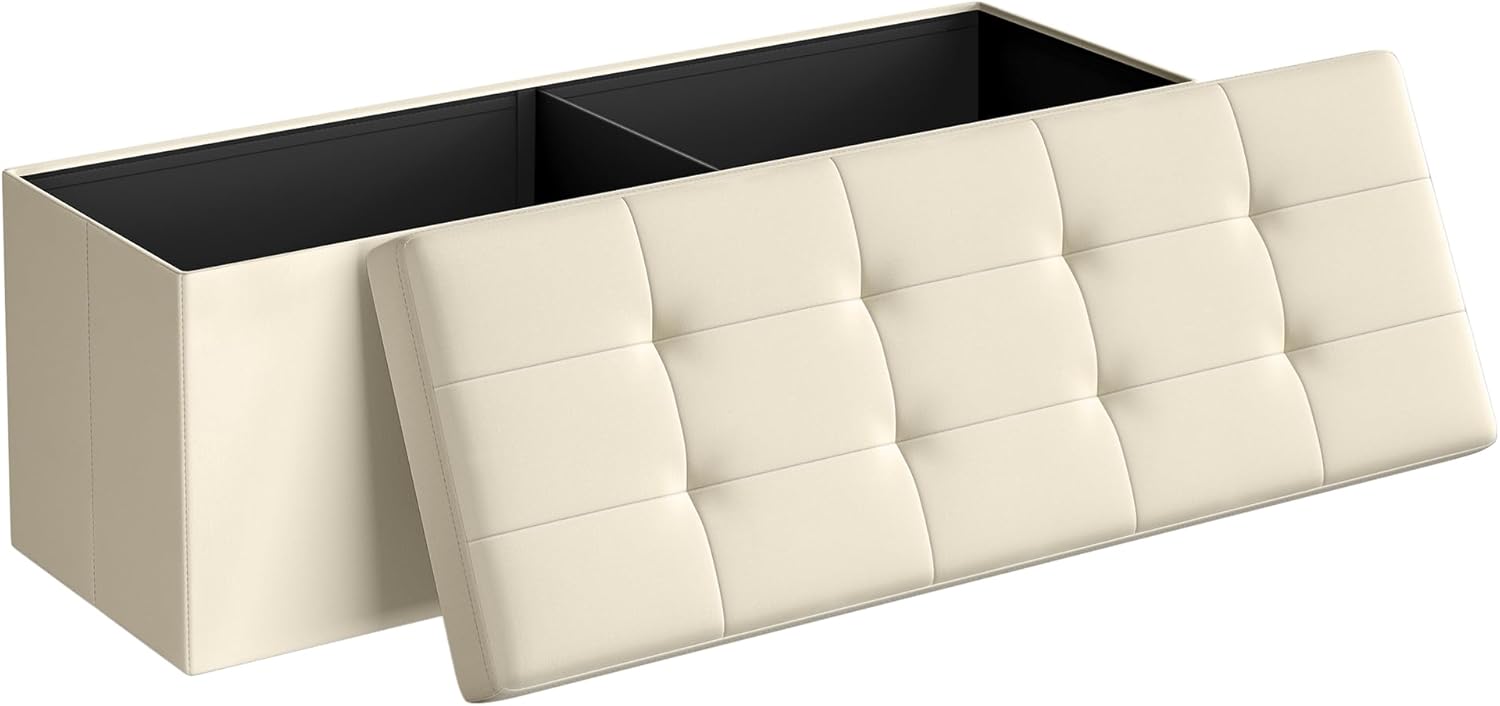 SONGMICS MAZIE Collection – 43 Inches Folding Storage Ottoman Bench, Ottoman Foot Rest, End of Bed Bench, Storage Chest, Load 660 lb, for Living Room, Bedroom, Entryway, Cream White ULSF77BE