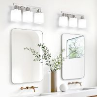 3-Light Bathroom Vanity Light,Brushed Nickel Vanity Lights with Square Frosted Glass,Modern Bathroom Wall Lights Fixtures Over Mirror,Wall Sconces Lighting for Bedroom Living Room,E26 - Image 5