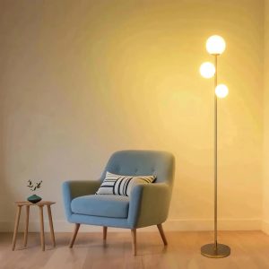 Fiqevs 3 Globe Mid Century Modern Floor Lamp for Living Room, Gold Standing Lamp with Frosted Glass Shade and 3x2700K Warm LED Bulbs, Vintage Retro Tall Lamps for Bedrooms, Office - Antique Brass