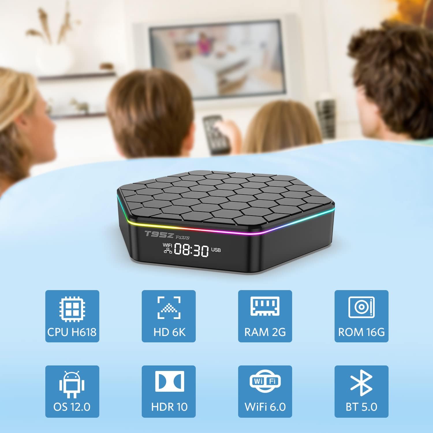 Android TV Box 12.0,T95ZPLUS H618 2GB RAM 16GB ROM with Backlit Mini Wireless Keyboard Quad-Core Cortex-A53 CPU,2.4GHz/5GHz Dual Band WiFi6 6K Ultra HD Resolution Bluetooth 5.0 - Image 2