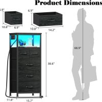 Furnulem Dresser for Bedroom, Tall Nightstand, Vertical Chest with Wood Top, Charging Station, LED Lights, 5 Fabric Bins, Bedside Table with Shelf, Furniture for Entryway (5 Drawer, Black Oak) - Image 3