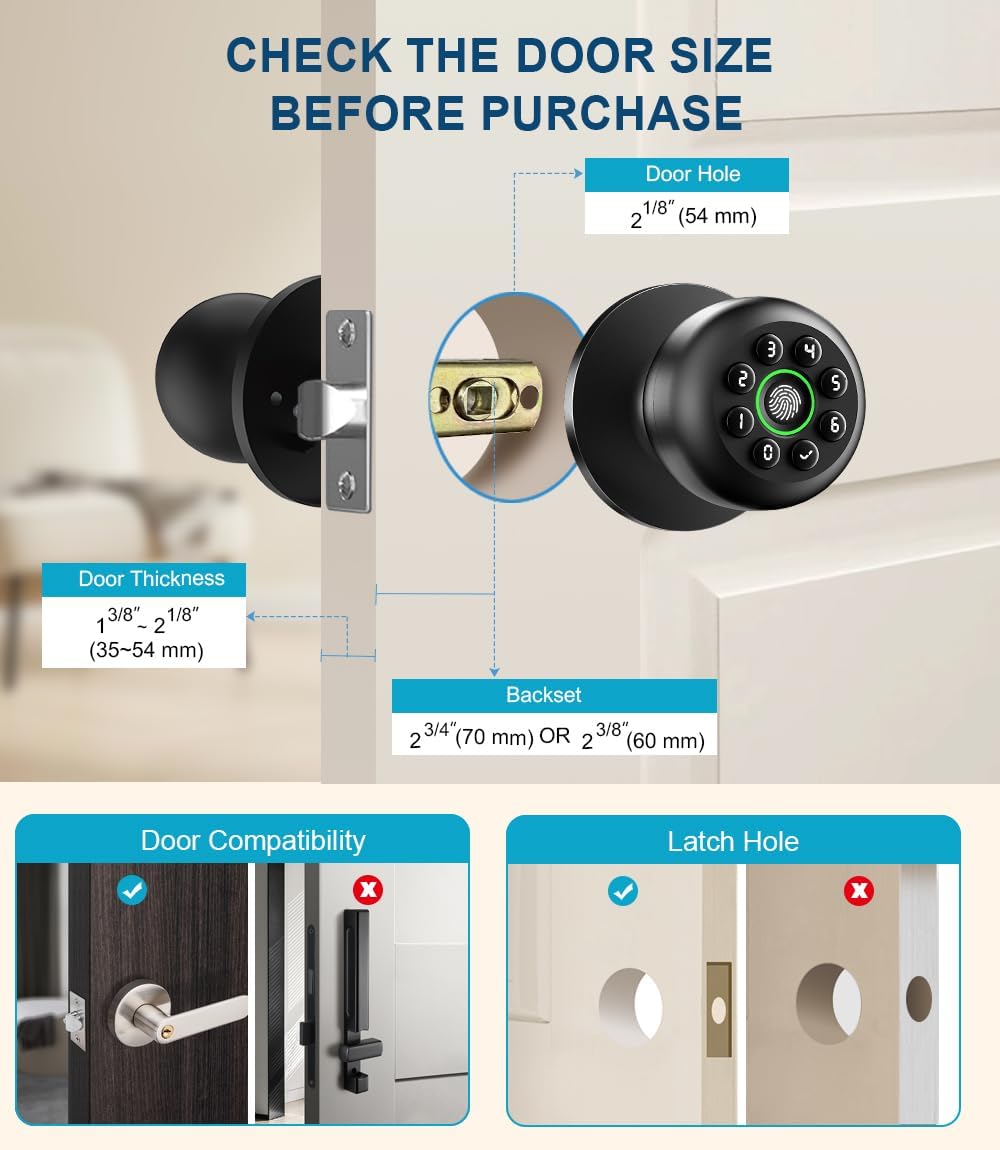 Fingerprint Door Lock, Smart Fingerprint Door Knob with Keypad, Biometric Door knobs with App Control, Auto Lock Door Lock with Code, Keyless Door Knob with Locks for Bedroom, Home,Office-Matte Black - Image 4