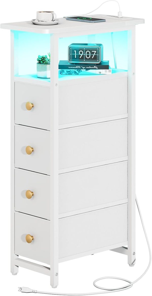 Yoobure Narrow Dresser for Bedroom, LED Slim Nightstand with Charging Station, Small Dressers Chest of Drawers, Narrow Side Table End Table Tall Skinny Cabinet Night Stand for Small Spaces, White