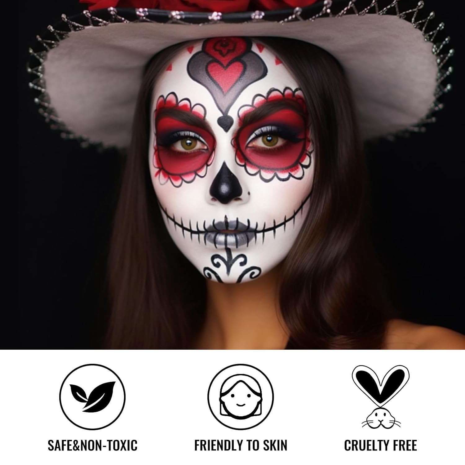 Black White Red Face Paint + 3PC Sponge + Brush, Colored Eye Black for Baseball Softball Sport Games, Body Painting Kit for Halloween Clown Makeup, Cosplay, Costume, SFX Special Effect, Theme Parties - Image 3