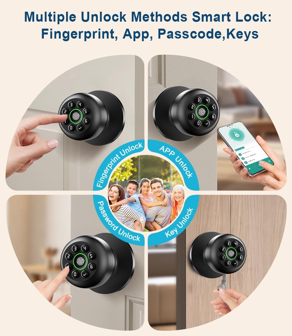 Fingerprint Door Lock, Smart Fingerprint Door Knob with Keypad, Biometric Door knobs with App Control, Auto Lock Door Lock with Code, Keyless Door Knob with Locks for Bedroom, Home,Office-Matte Black - Image 2