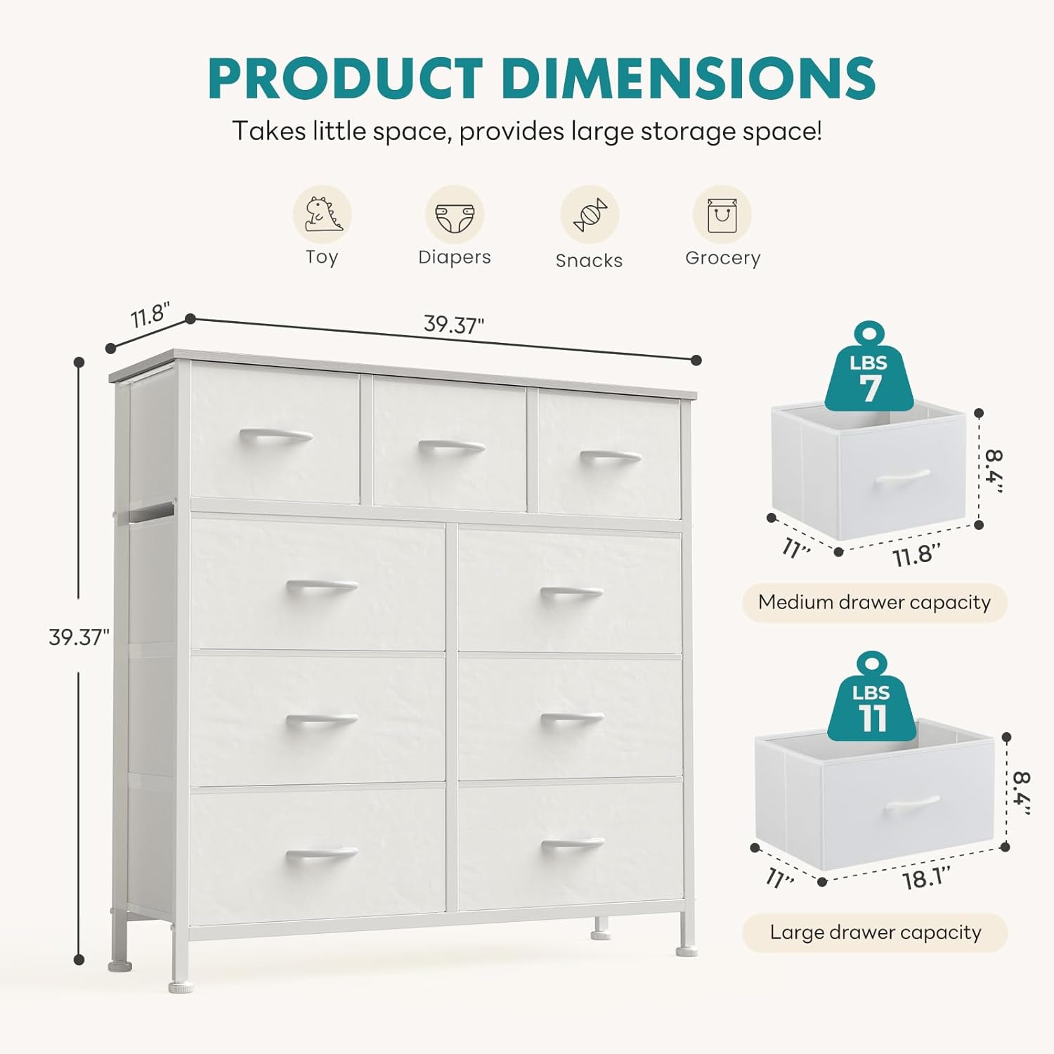 OLIXIS 9 Drawer Storage Dresser with Wood Top - Wide Fabric Chest Organizer for Bedroom, Closet, Living Room,Tower Cabinet, TV Stand, Hallway Entryway Furniture,Bright White - Image 3