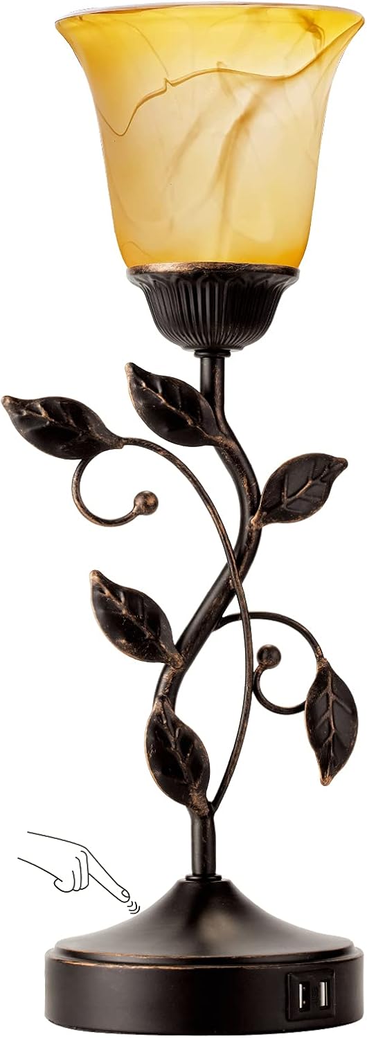 Touch Control Table Lamp with 2 USB Charging Ports, 3-Way Dimmable Bedside Nightstand Lamps, Amber Glass Shade Vintage Rural Leaf Lamp for Living Room, Bedroom, Dresser, LED Bulb Included (Bronze) - Image 8