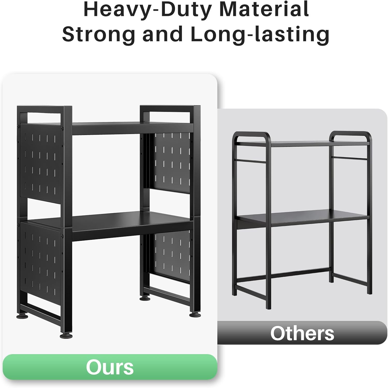 Microwave Stand, 3-Tier Expandable(17.4"- 27.4") Heavy Duty Adjustable Shelf Microwave Oven Rack, Kitchen Countertop Organizer and Storage with 9 Hooks & Cutting Board Holder, Holds up 180 lbs, Black - Image 7