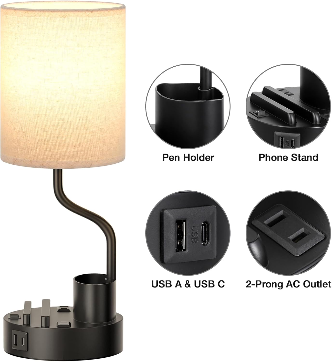 Bedside Table Lamps for Bedroom Set of 2 - Nightstand Light with AC Outlet and USB A & C for Charging, 3 Color Temperatures, Study Desk Lamp with Pen Holder & Phone Stand for Living Room/Dorm/Office - Image 7