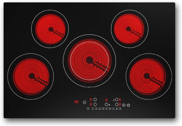 VBGK Electric cooktop 30 inch, 5 burner Electric Stove Built-in and Countertop Stove Top, LED Touch Screen,9 Heating Level, Timer & Kid Safety Lock, 240V 30 inch cooktop