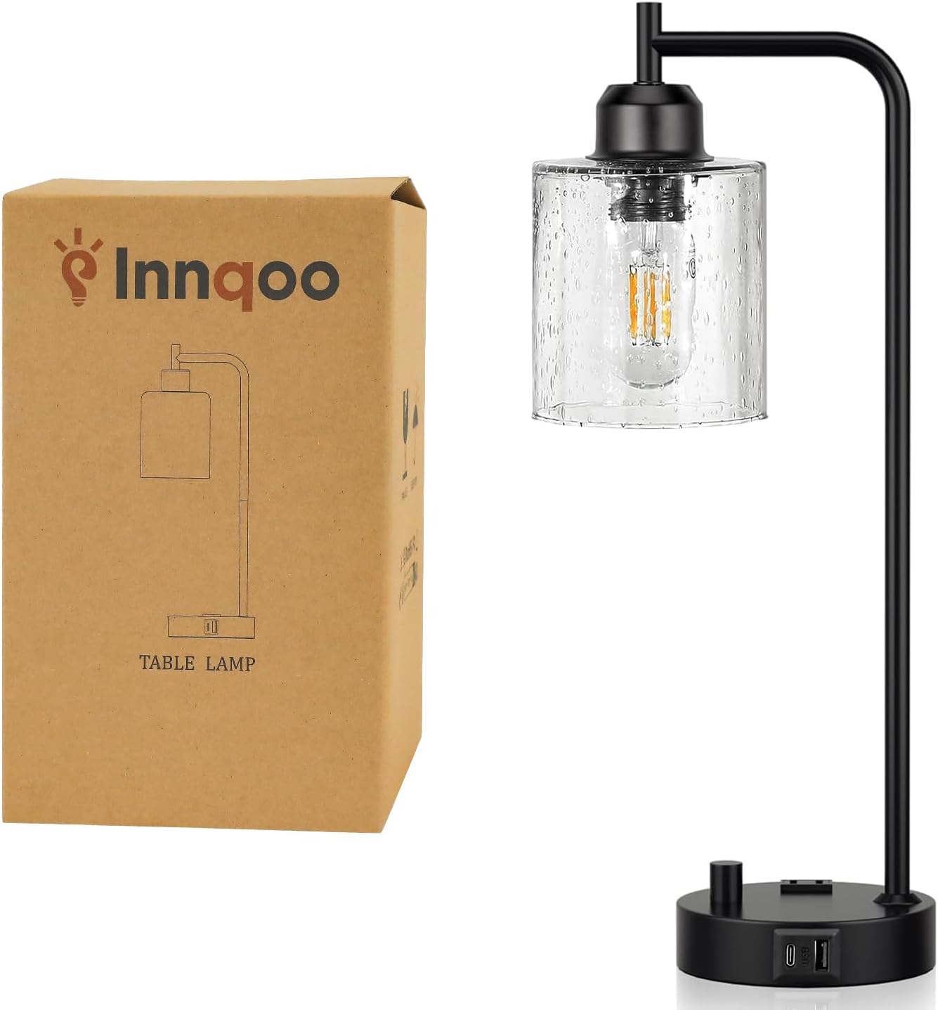 Industrial Bedside Table Lamp for Bedroom - Nightstand Lamps with USB C Charging Port, Fully Dimmable Black Ports and Outlets, Small Desk Glass Shade Office Living Room - Image 8