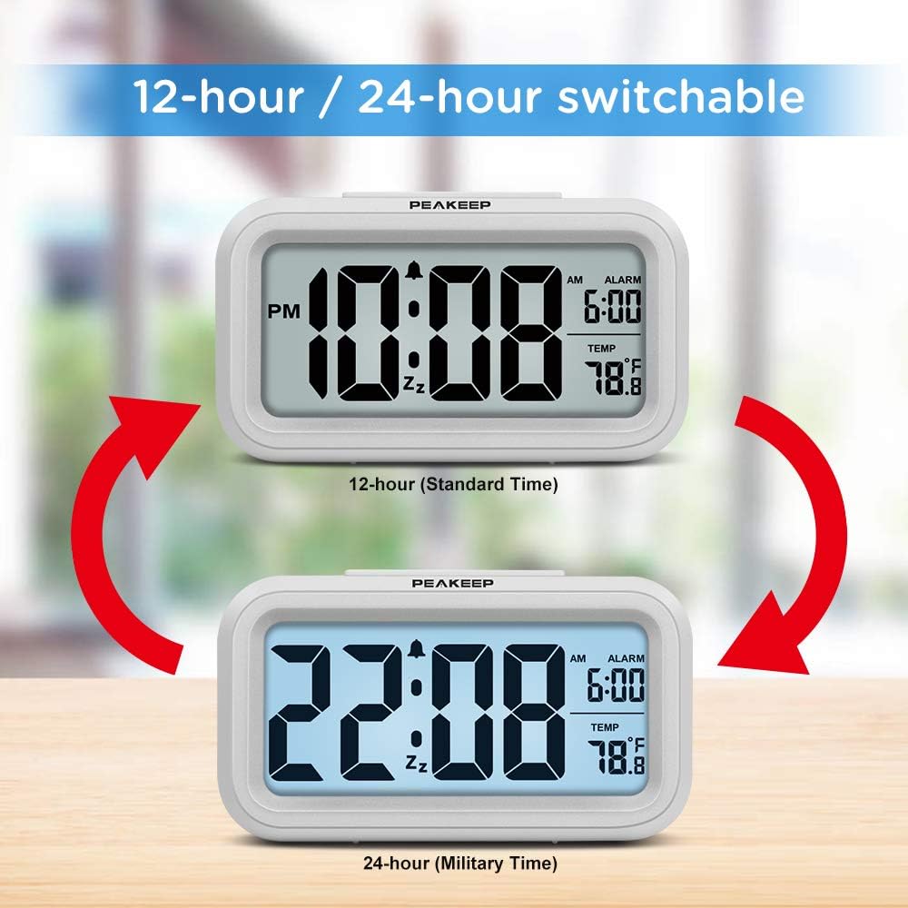 Peakeep Night Light Digital Alarm Clock Battery Operated with Indoor Temperature, Desk Small Clock (White) - Image 5