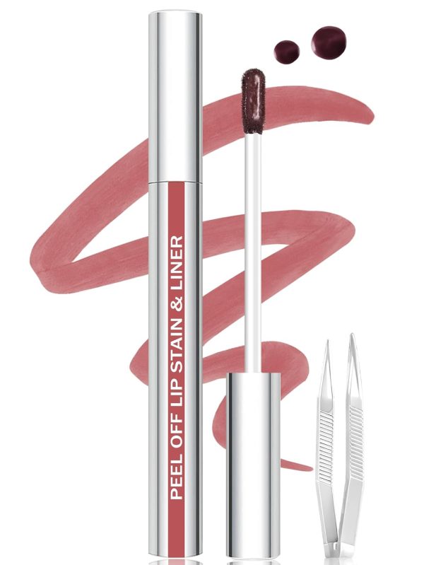 Lip Stain Peel Off Lip Liner Stain with Tweezer, Long Lasting Matte Lip Tint Tattoo, Highly Pigmented Color Lip Makeup, Waterproof Lipstick, Transfer-proof Lipstain for Women, Nude Pink