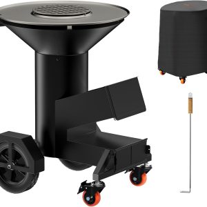 3-in-1 Rocket Stove with Griddle, Grate & Pot Rack, Large Wood BBQ Grill with Wheels, Ash Tool & Cover, Outdoor Stove for Patio Barbecue Cooking Backyard Camping RV Tailgating, GS346