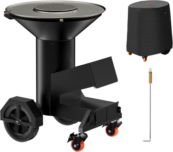 3-in-1 Rocket Stove with Griddle, Grate & Pot Rack, Large Wood BBQ Grill with Wheels, Ash Tool & Cover, Outdoor Stove for Patio Barbecue Cooking Backyard Camping RV Tailgating, GS346