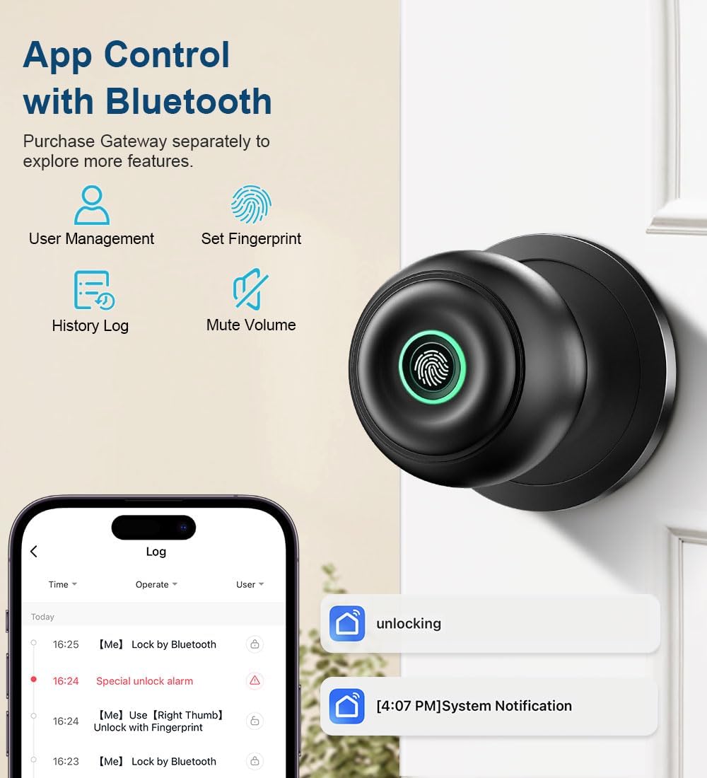 Fingerprint Door Lock, Smart Fingerprint Door Knob with Lock, Biometric Door knob with App Control & Key, Keyless Thumbprint Entry Door Lock for Bedroom, Front Door, Home, Apartment Office-Matte Black - Image 6