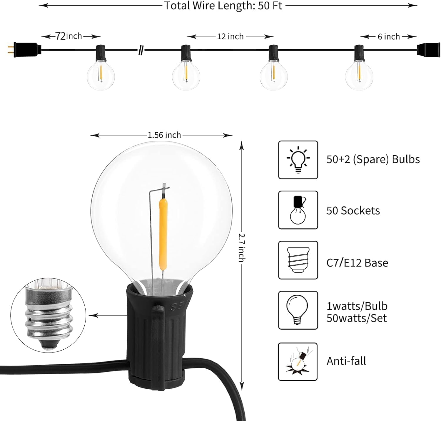 Brightown Led String Lights Outdoor 55Ft G40 Patio Lights with 52 Led Shatterproof Bulbs(2 Spare), Waterproof Led Globe Hanging Lights for Backyard Porch Bistro Balcony Decor, E12 Socket, 2200K - Image 6