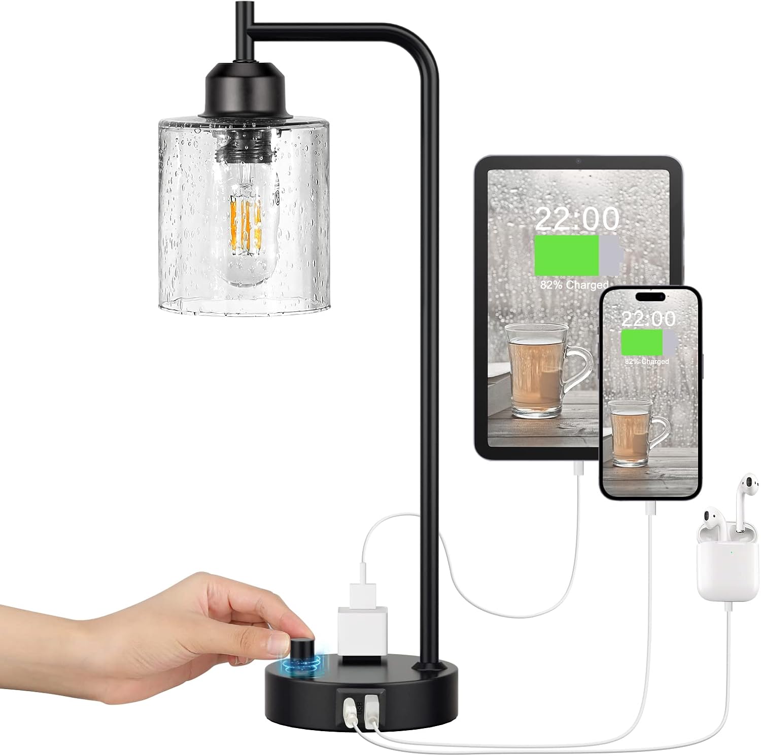 Industrial Bedside Table Lamp for Bedroom - Nightstand Lamps with USB C Charging Port, Fully Dimmable Black Ports and Outlets, Small Desk Glass Shade Office Living Room - Image 9