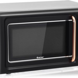 COSTWAY Retro Countertop Microwave Oven, 0.7Cu.ft, 700-Watt, High Energy Efficiency, 5 Micro Power, Delayed Start Function, with Glass Turntable & Viewing Window, LED Display, Child Lock (Gold)
