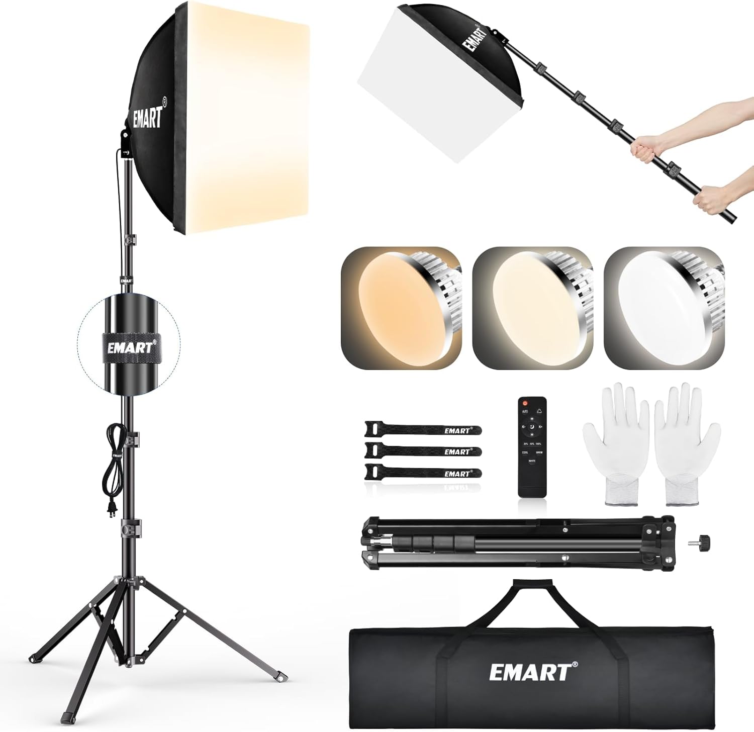 EMART Softbox Lighting Kit, 16"X16" Soft Box, 3000K-6000K 85W LED Bulbs with Remote, 65" Tripod, Professional Softbox Photography Lighting Kit for Studio Lights, Portrait, Video Recording(1PACK)