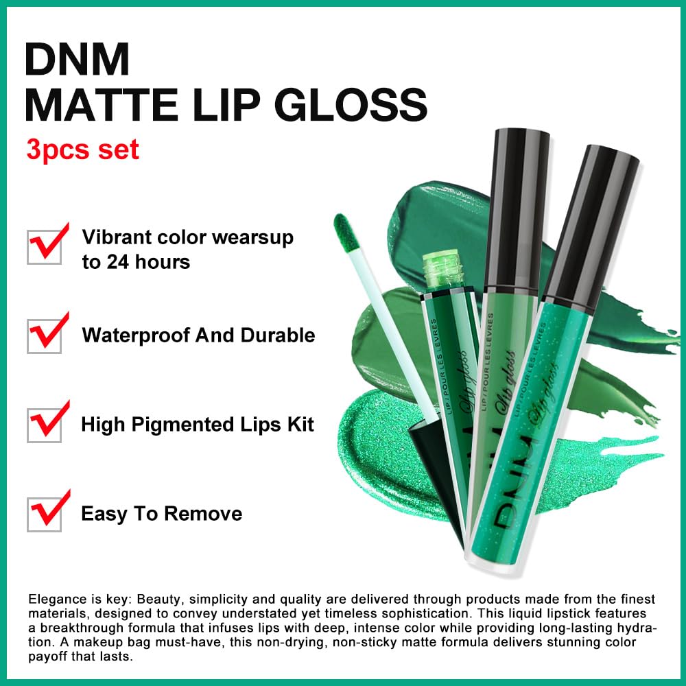 evpct 3Pcs Dark Pale Teal Forest Emerald Green Matte Glitter Shimmer Shiny Liquid Lipstick Lip Stain Sets for Women Matte+Lipstick Long Lasting Waterproof 24 hr Magic Lipstick 24 Hours original - Image 4