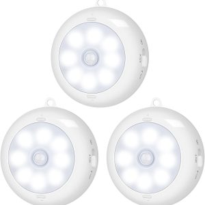 BLS Motion Sensor Light Indoor, LED Night Light Closet Lights, Under Cabinet Battery Powered Ceiling Lights, AA Battery Operated Stick on Wireless Puck Lights for Wall, Step, Stair, Dimmable (3 Pack)