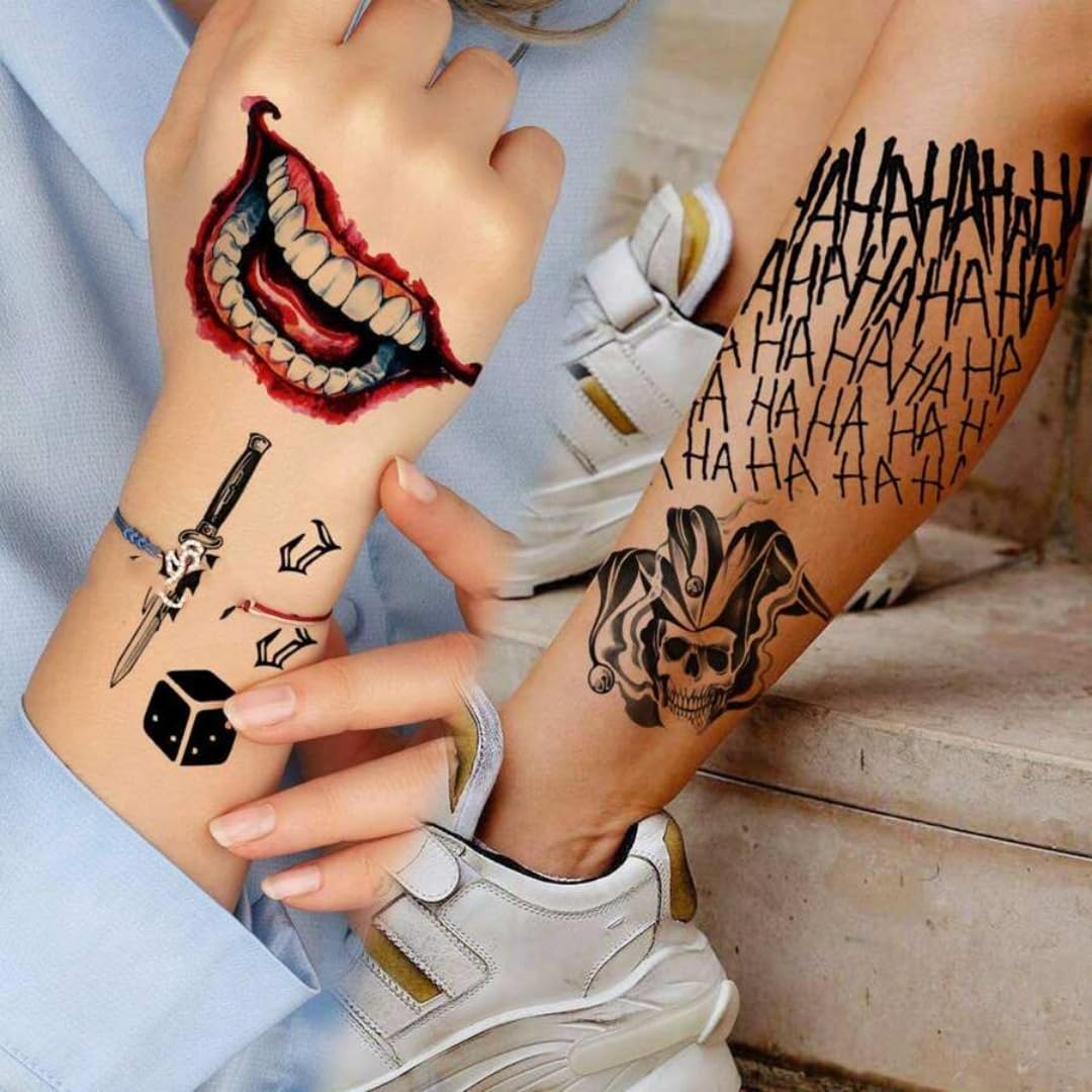 3 Sheets Joker Tattoos, Large-Size Halloween Temp Tattoo for Men, Realistic Waterproof Last-Long Fake Stickers for Suicide Squad Clown HQ Costume Cosplay Party Accessories Masquerade Makeup - Image 6