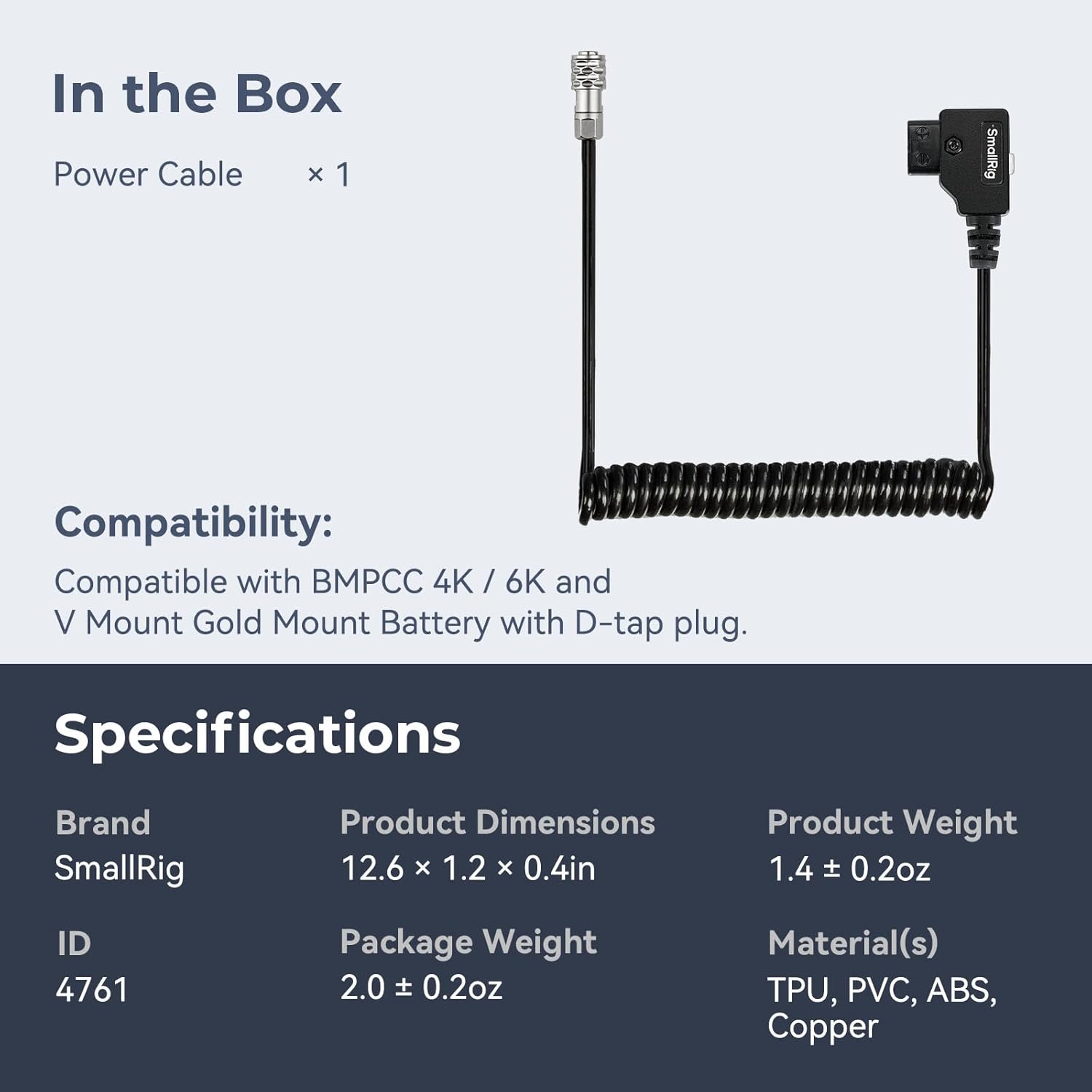 SMALLRIG D-TAP to BMPCC 4K/6K Coiled Power Cable Suitable for Blackmagic Pocket Cinema Camera 4K / 6K for V Mount Gold Mount Battery, Weipu SF6 2 Pin Female to P Tap, 15 inch - 47 inch Length - 4761 - Image 8