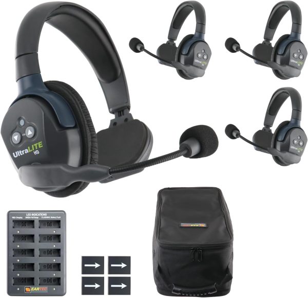 EARTEC UL4S Ultralite-HD 4-Person Full Duplex Wireless Intercom Headset Communication System, Single Ear Headsets, Up to 1000ft Range, U.S. Company