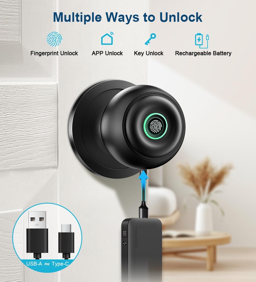 Fingerprint Door Lock, Smart Fingerprint Door Knob with Lock, Biometric Door knob with App Control & Key, Keyless Thumbprint Entry Door Lock for Bedroom, Front Door, Home, Apartment Office-Matte Black - Image 2