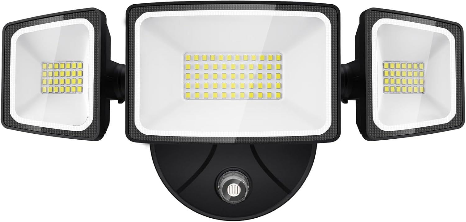 Onforu 55W LED Dusk to Dawn Flood Lights, 6000LM Black Exterior Security Outdoor Lighting,IP65 Waterproof Outdoor 3 Adjustable Heads Photocell Light Fixture,6500K Floodlight for Garage,Patio,Yard