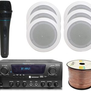 Home Theater System Kit 1000 Watts Bluetooth Receiver w/ 6 Qty 5.25" 175 Watts Each in-Wall in-Ceiling Speakers & 16 Gauge 250 ft. Speaker Wire Portable Microphone w/Remote Control by Technical Pro
