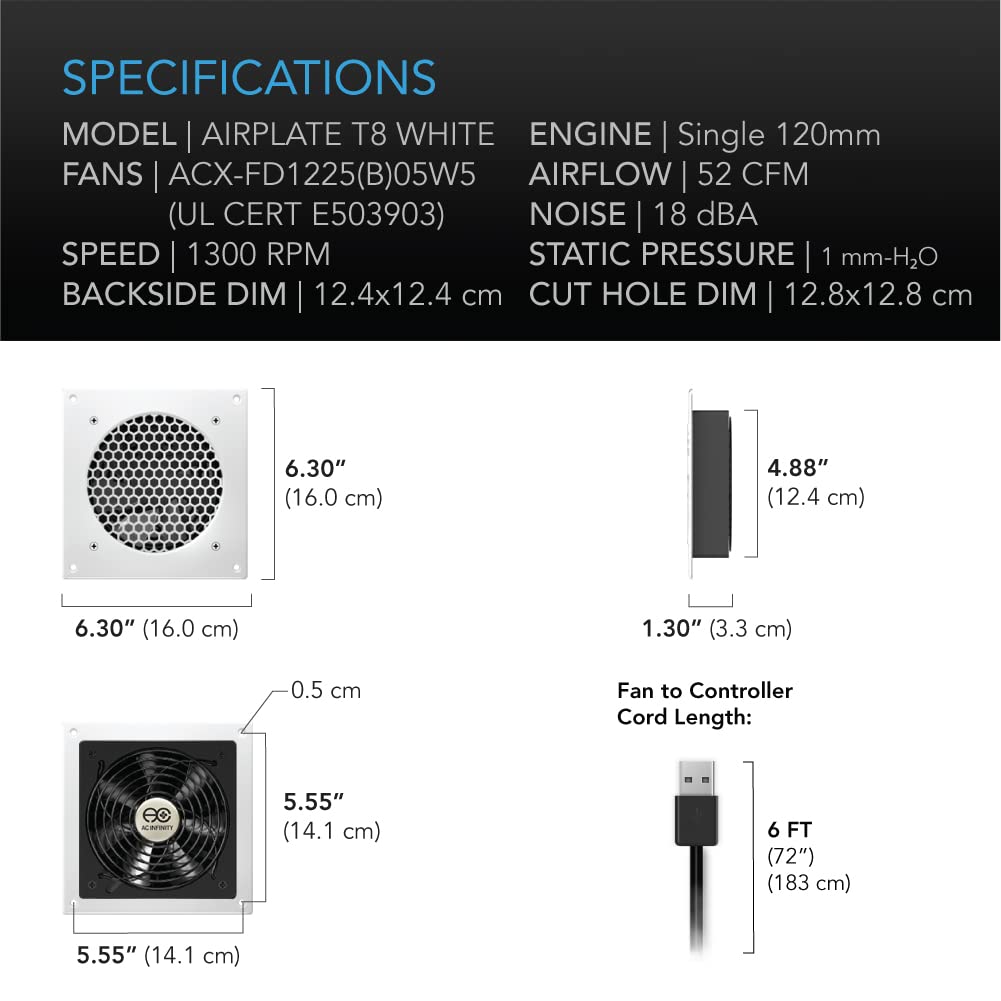 AC Infinity AIRPLATE T8 White, Quiet Cooling Dual-Fan System 6" with Thermostat Control, for Home Theater AV Cabinets - Image 6
