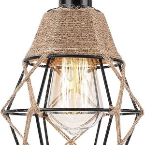 Vintage Boho Lamp Shades Rustic Industrial Woven Pendant Light Wall Sconces Lampshade Metal Bulb Guard Cage for Hanging Pendant Replacement - Hemp Rope Mini Wire Cage Farmhouse Light Fixture