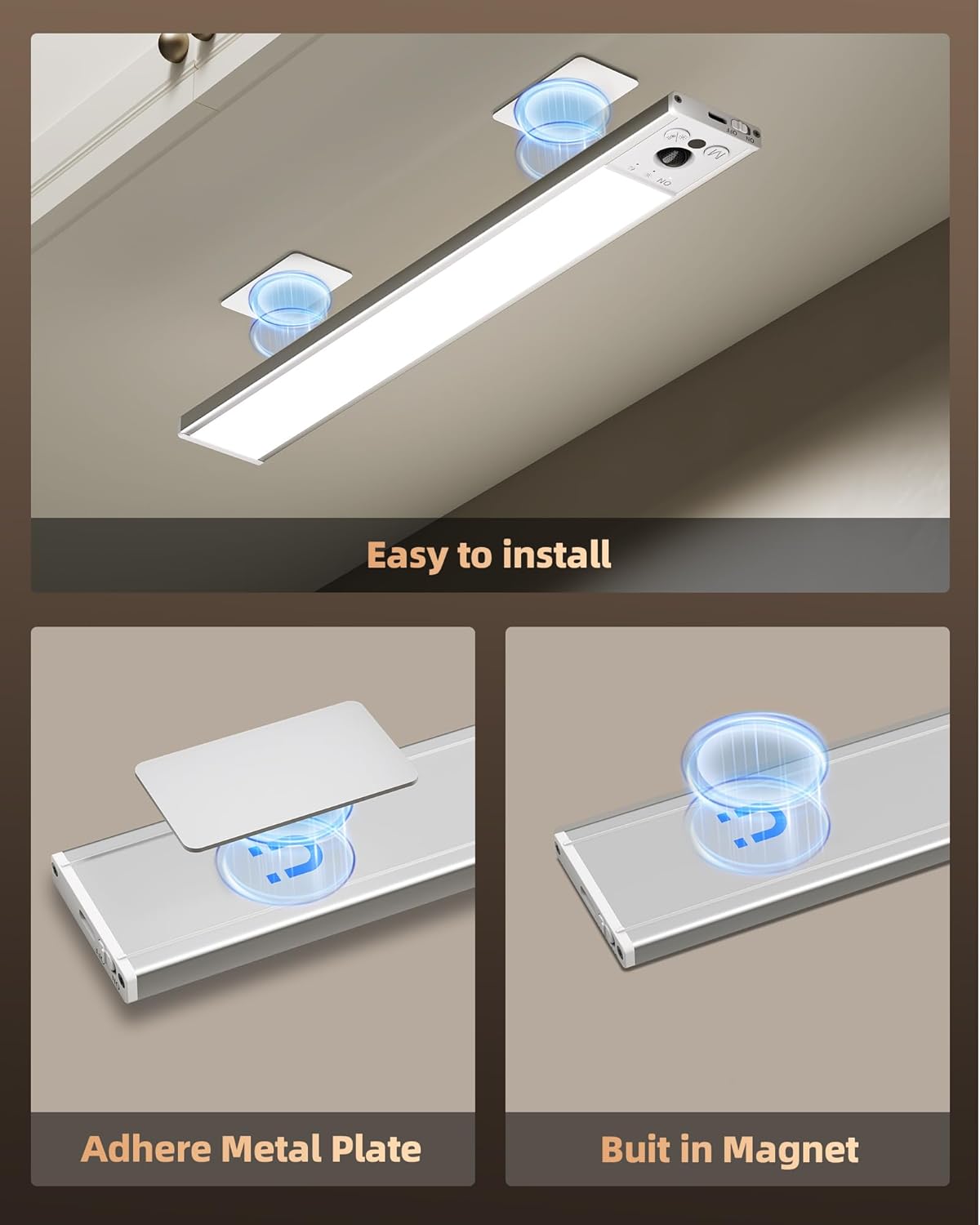 EZVALO 4-Pack Under Cabinet Lights, 2300mAh Rechargeable Motion Sensor Light Indoor, Wireless Closet Lights Battery Operated, with 3 Color Temps, Dimmable, Magnetic, for Kitchen, Stair, Pantry(8inch) - Image 9
