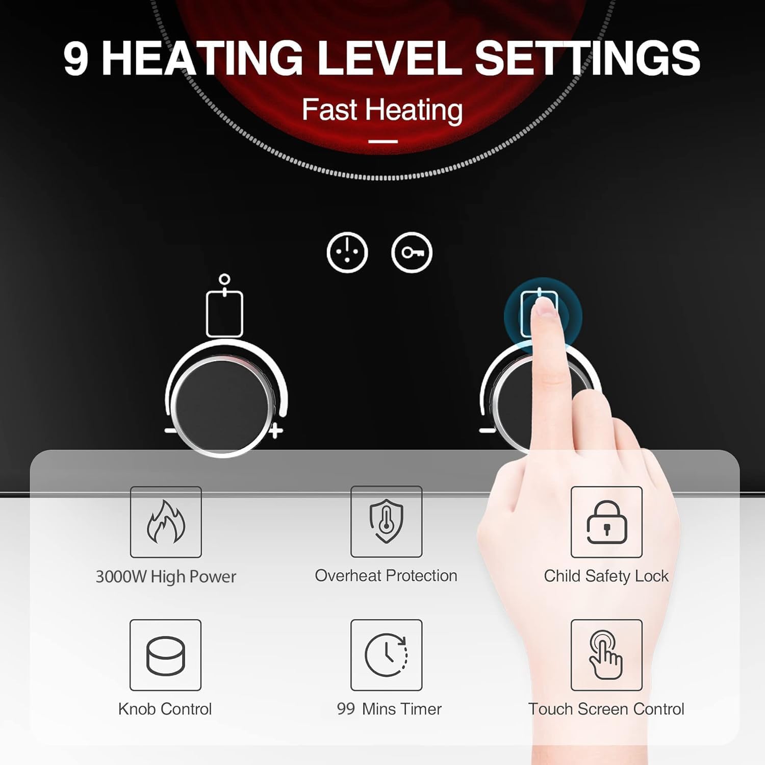 VBGK Electric Cooktop,110V 2400W Electric Stove Top with Knob Control,9 Power Levels, Kids Lock & Timer,LED touch control,Overheat Protection Electric stove,24 Inch desktop 2 burner - Image 8