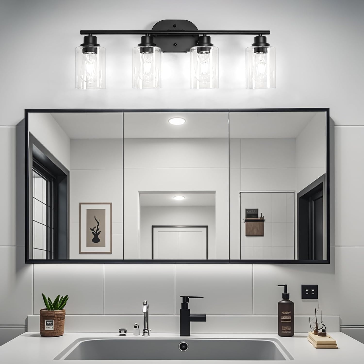 Ascher 4-Light Bathroom Light Fixtures, Modern Vanity Lights with Clear Glass Shade, Matte Black Wall Lamp for Bathroom Mirror Hallway Cabinet Porch - Image 9