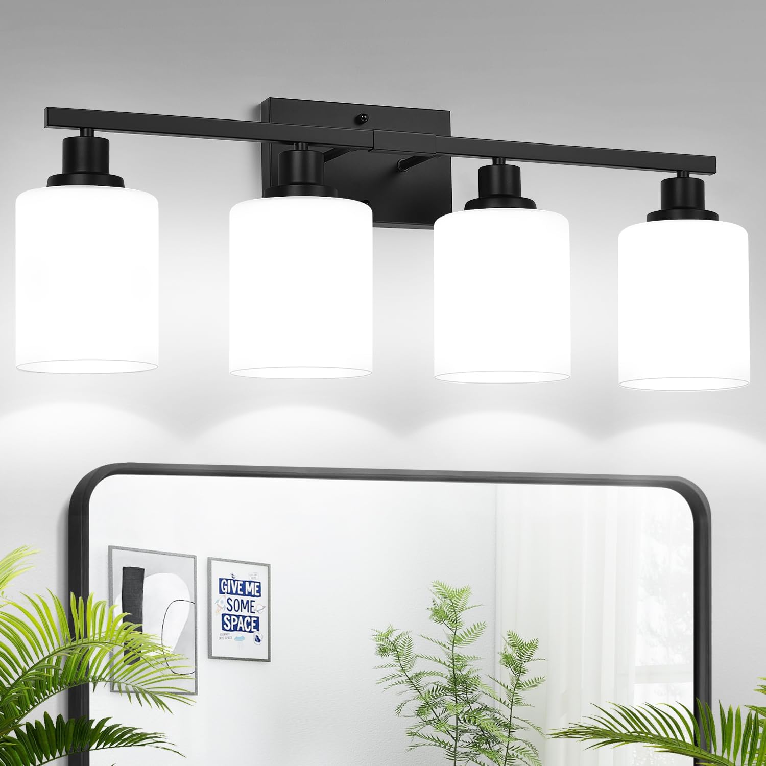 4-Light Bathroom Light Fixtures, Vanity Light with Milky White Shades, Matte Black Bathroom Light Fixtures Over Mirror, Modern Bathroom Wall Lamp for Mirror Living Room Cabinet Bedroom
