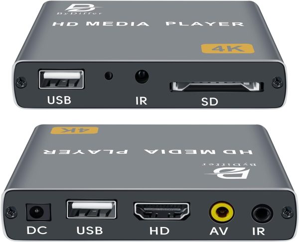 ByDiffer 4K Digital Media Player, TV MP4 Video Player for USB Drives and SD Cards, Ultra HD, H.265/HEVC, Digital Signage, Looping and Auto Playback, HDMI and AV Output (Grey)